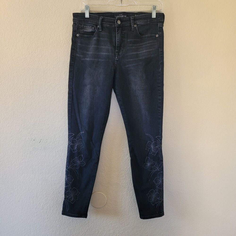 Lucky Brand Womens Ava Black Skinny Size 29 Floral Embroidered Western Bohemian